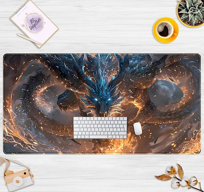 Cute Anime Dragon Desk Mat Kawaii Mouse Pad Gaming XXL Large Extended Desk Matt for Desktop with Stitched Edges, Laptop Computer Keyboard Mouse Mat for Women Office Decor Accessories 31.5''x15.7''