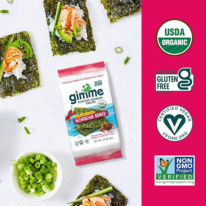 Gimme Seaweed Organic Premium Roasted Seaweed Snacks, Korean BBQ, 12 Count Sharing Size, Keto, Vegan, Gluten-Free, Great Source of Omega3s and Iodine, Healthy On-The-Go Snack for Kids and Adults