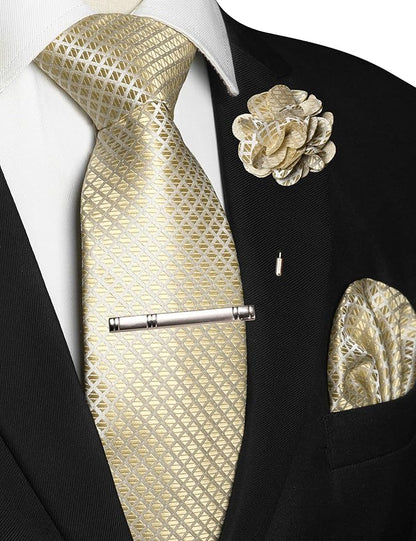JEMYGINS Mens Solid Color Plaid Tie and Lapel Pin Necktie Pocket Square and Tie Clip with Sets for Business Casual 4PCS
