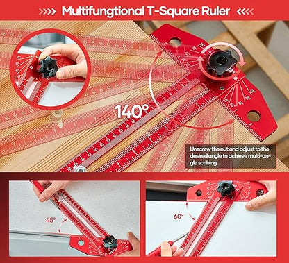 Saker Woodworking Scriber Marking Line Ruler, Adjustable Aluminum Alloy Sliding T-Square Ruler,Precision Line Drawing aid Ruler with Angle Adjustment Scale
