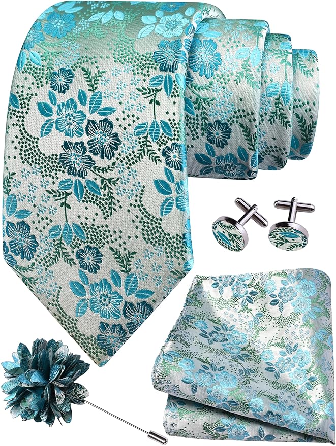 GUSLESON 3.15"（8cm） Mens Floral Tie and Lapel Pin Necktie Hankerchief Cufflinks Set for Men