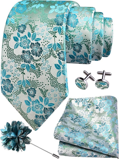GUSLESON 3.15"（8cm） Mens Floral Tie and Lapel Pin Necktie Hankerchief Cufflinks Set for Men