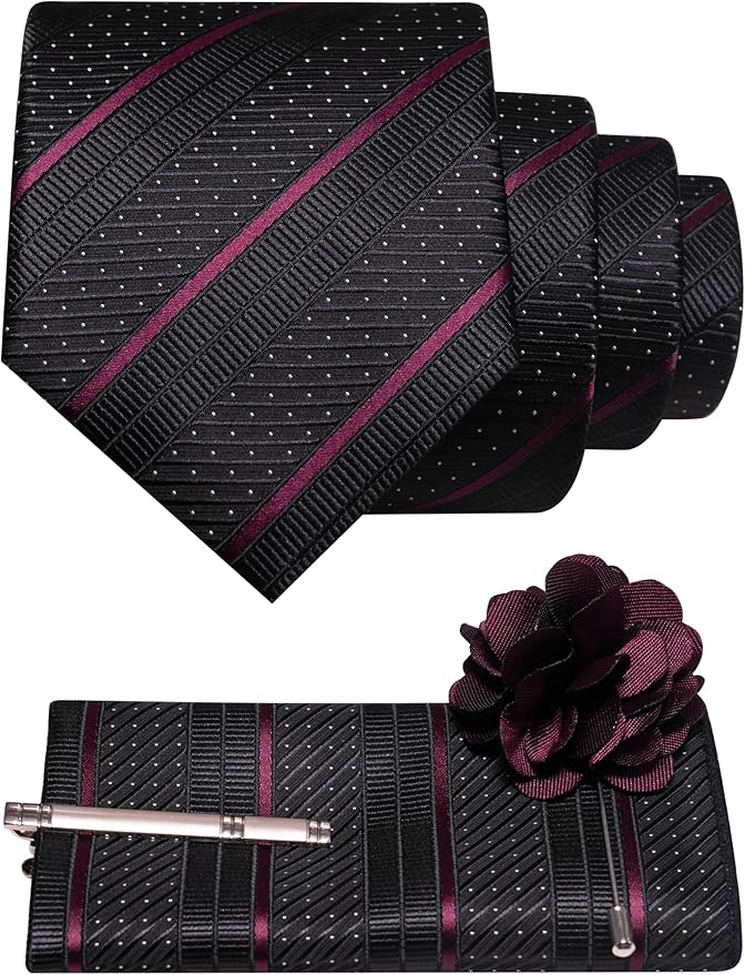 JEMYGINS Mens Striped Tie and Lapel Pin Necktie Pocket Square with Tie Clip Sets for Business Casual 4PCS