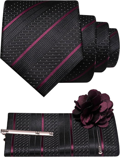 JEMYGINS Mens Striped Tie and Lapel Pin Necktie Pocket Square with Tie Clip Sets for Business Casual 4PCS