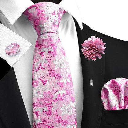 GUSLESON 3.15"（8cm） Mens Floral Tie and Lapel Pin Necktie Hankerchief Cufflinks Set for Men