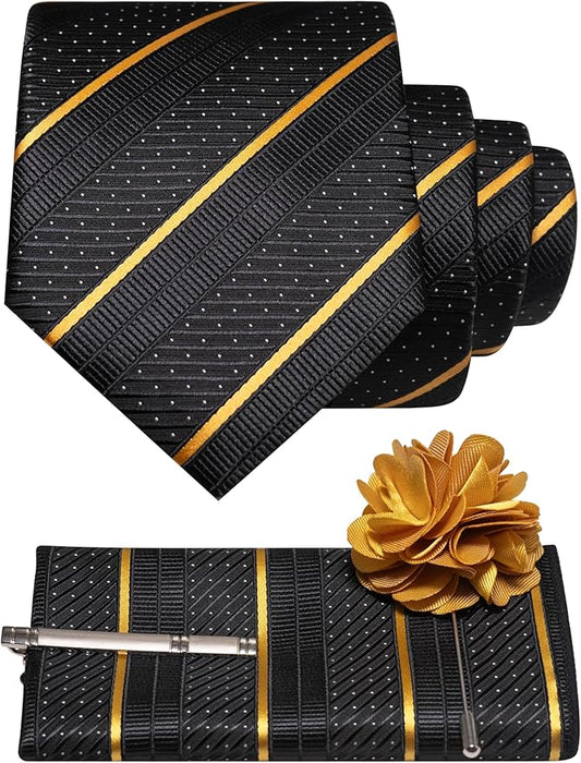 JEMYGINS Mens Striped Tie and Lapel Pin Necktie Pocket Square with Tie Clip Sets for Business Casual 4PCS