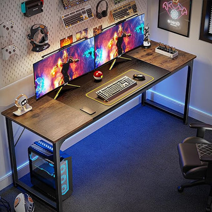 Huuger Computer Desk, 70 Inch Office Desk, Gaming Desk with Storage, Writing Desk Work Desk for Home Office, Study, Long Simple Desk, Large Legroom, Metal Frame, Rustic Brown and Black