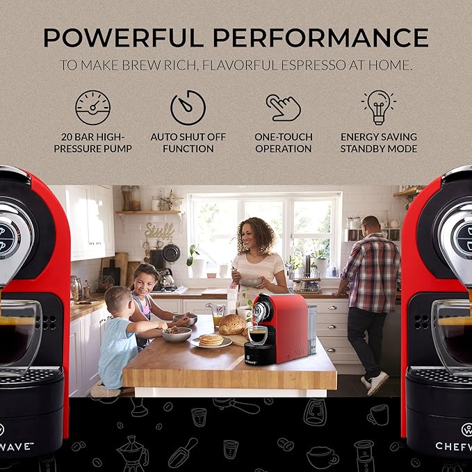 ChefWave Espresso Machine 20 Bar Pump Pressure - Compact Stainless Steel Espresso Maker for Home & Office - Fast Heating, Easy-to-Clean, Compatible with Ground Coffee and ESE Pods
