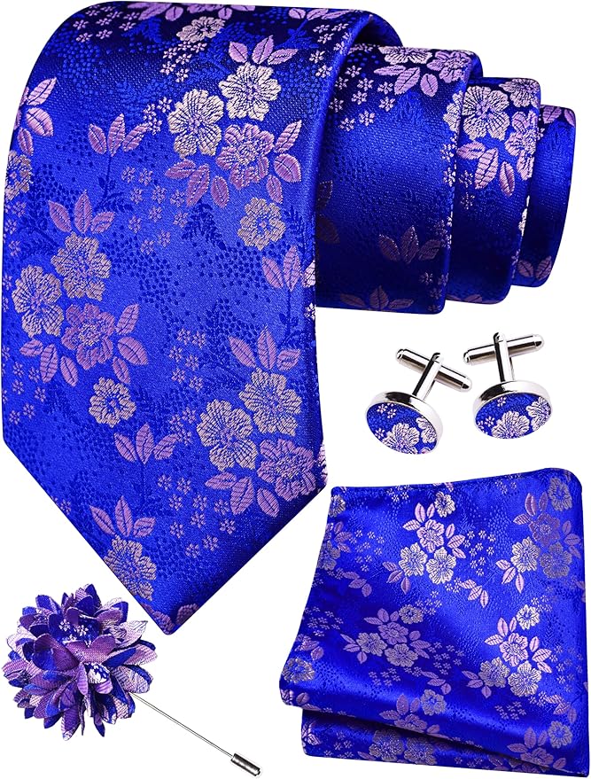GUSLESON 3.15"（8cm） Mens Floral Tie and Lapel Pin Necktie Hankerchief Cufflinks Set for Men