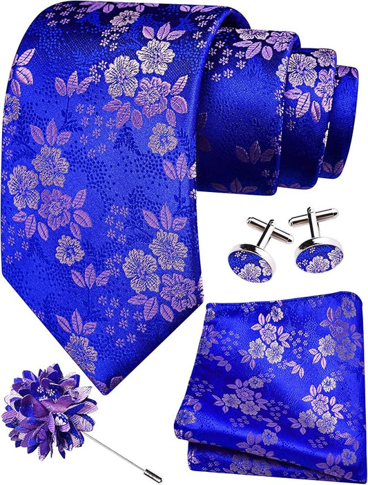 GUSLESON 3.15"（8cm） Mens Floral Tie and Lapel Pin Necktie Hankerchief Cufflinks Set for Men