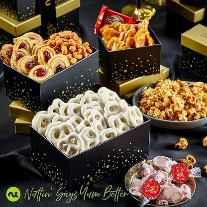 NUT CRAVINGS - Thanksgiving Chocolate Covered Pretzels & Caramel Popcorn Gift Basket, in Black Tower + Ribbon (8 Assortments) Holiday Xmas Christmas Healthy Snack Care Package