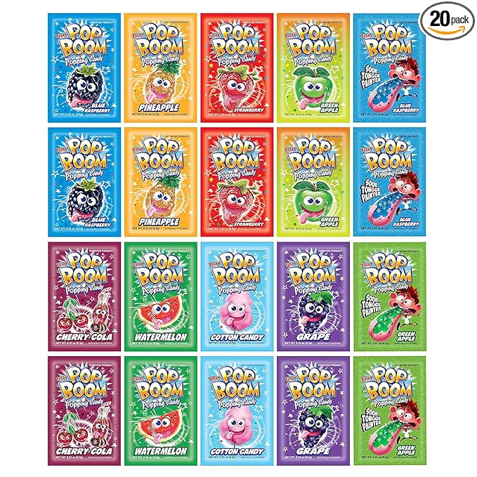 Tiltay Pop Boom Popping Candy – 20 Pack - 10 Flavor Assortment, Strawberry, Cherry Cola, Green Apple, Blue Raspberry, Watermelon, Grape, Pineapple, Cotton Candy - OU Kosher - Dairy Free