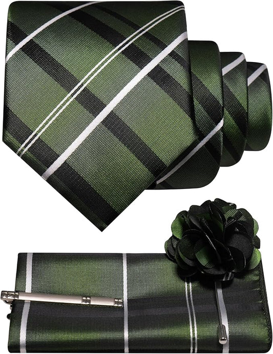 JEMYGINS Mens Striped Tie and Pocket Square with Tie Clip Lapel Pin Set 4PCS