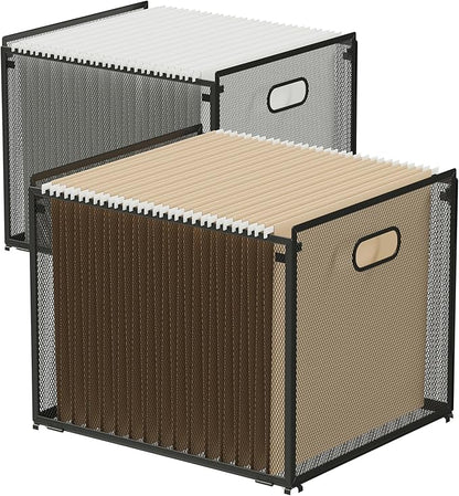 2 Pack Hanging File Box - Stackable Mesh File Folder Organizer with Handles, Fits Letter Size, Compatible with Kallax, Durable Metal File Organizer for Home Office Storage - 13.9"x12.3"x11.1"