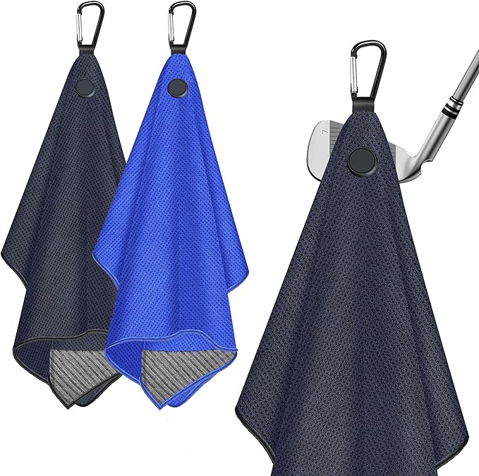 2 Pack Magnetic Golf Towel for Golf Bags with Clips, Wire Cleaning Cloth, Ultra Absorbent Microfiber, Waffle Pattern Towel with Magnet for Men Women, Accessories for Carts or Clubs