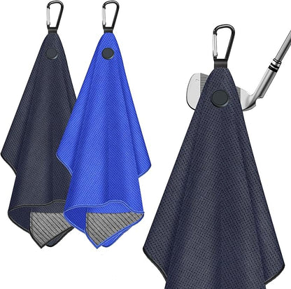 2 Pack Magnetic Golf Towel for Golf Bags with Clips, Wire Cleaning Cloth, Ultra Absorbent Microfiber, Waffle Pattern Towel with Magnet for Men Women, Accessories for Carts or Clubs