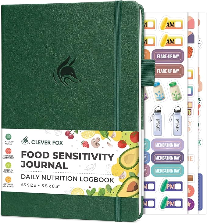 Clever Fox Food Sensitivity Journal – Daily Intolerance & Symptom Log for IBS, Diabetic, Low Fodmap, Elimination Diet – Health Tracker (Forest Green)