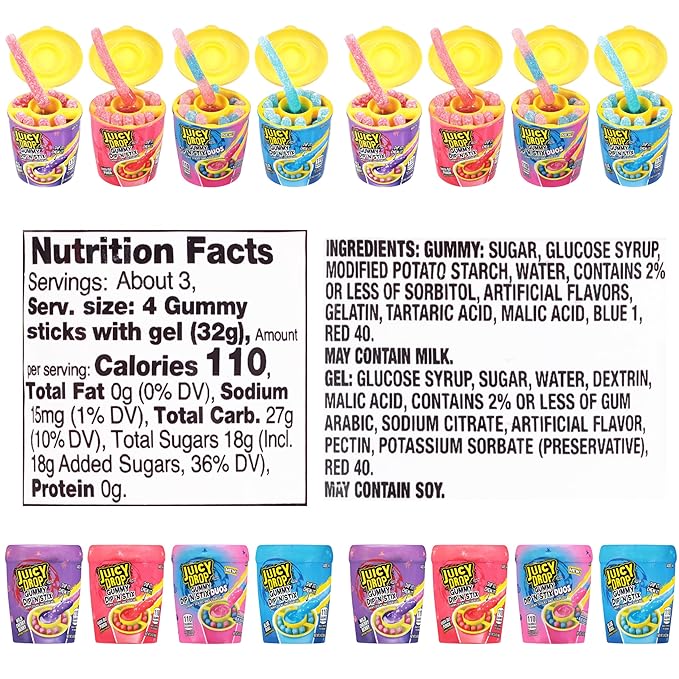 Juicy Drop Gummy Dip 'N Stix Assorted Christmas Candy Variety Pack, Sweet Gummy Sticks W/ Sour Dipping Gel, 8Ct, Sour Candy Pack for Party Favors, Stocking Stuffers, Kids Gifts
