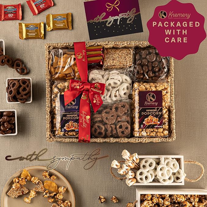 KREMERY Creamy Chocolate Cravings - Sympathy Condolence, Chocolate Covered Pretzels & Caramel Popcorn Gift Basket, in Seagrass Tray + Ribbon & Greeting Card (Deluxe, 3.5 lbs) Food Assortments USA Made