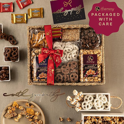 KREMERY Creamy Chocolate Cravings - Sympathy Condolence, Chocolate Covered Pretzels & Caramel Popcorn Gift Basket, in Seagrass Tray + Ribbon & Greeting Card (Deluxe, 3.5 lbs) Food Assortments USA Made