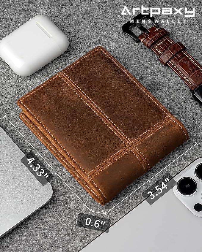Mens Wallet Bifold Genuine Leather RFID Blocking Wallet for Men with 1 ID Window 13 Card Holders 2 cash pockets 1 Gift Box