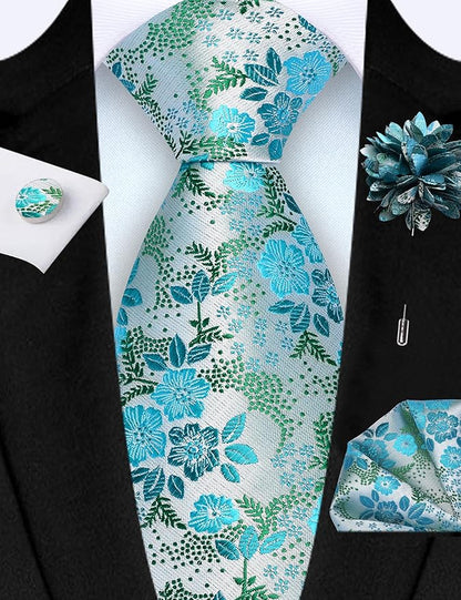GUSLESON 3.15"（8cm） Mens Floral Tie and Lapel Pin Necktie Hankerchief Cufflinks Set for Men