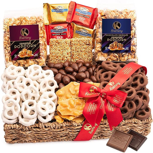 KREMERY Creamy Chocolate Cravings - Thanksgiving Chocolate Covered Pretzels & Caramel Popcorn Gift Basket, in Seagrass Tray + Ribbon (Premium, 2.5 lbs) Holiday Xmas Christmas