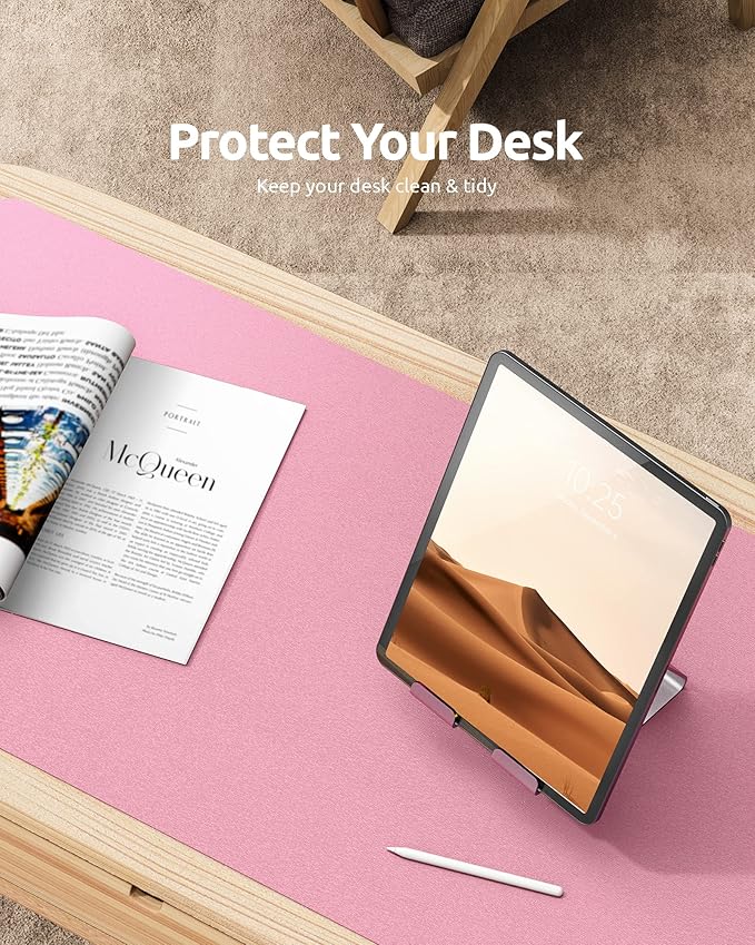 YSAGi Leather Desk Protector, Office Mat, Large Mouse Mat, Non-Slip PU Leather Blotter, Laptop Desk Mat, Waterproof Writing Pad for Office and Home (Pink, 35.4" x 17")