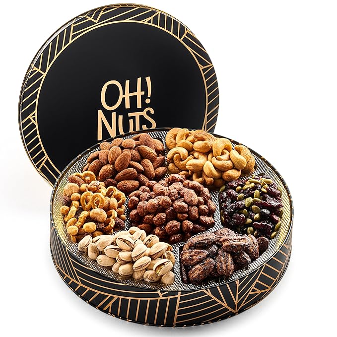 Oh! Nuts 7 Section Nuts Gift Basket - Gourmet Assorted Nut Gifts Baskets - Healthy Nuts Gift Round Metal Tin Box - Premium Food Gift for Birthday, Holiday, Movie Night, Corporate, Men & Women