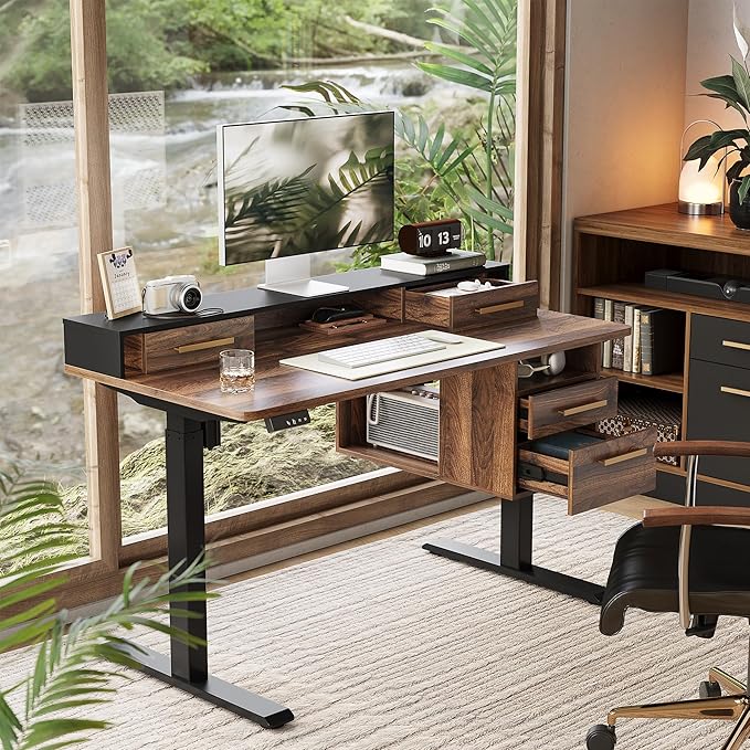 Electric Standing Desk with 4 Drawers, 47.2 x 23.6 Inch Height Adjustable Whole Piece Sit Stand Desk, Computer Home Office Workstation with Open Storage Shelf, Black Walnut