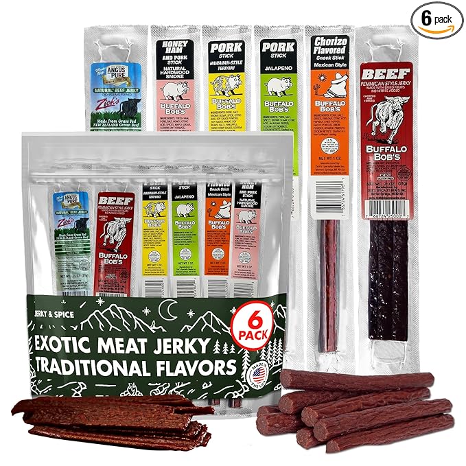 Buffalo Bob's Wild Game Meat Snacks (6 Pack), Beef Jerky Gift Set, Pork Jerky Sampler Variety, Snack Baskets for Men, Premium Gifts for Dad, Meat Gift Box, Assorted Snacks for Men | Traditional Pack