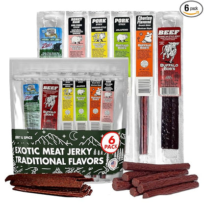Buffalo Bob's Wild Game Meat Snacks (6 Pack), Beef Jerky Gift Set, Pork Jerky Sampler Variety, Snack Baskets for Men, Premium Gifts for Dad, Meat Gift Box, Assorted Snacks for Men | Traditional Pack