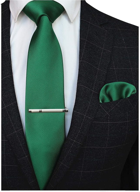 JEMYGINS Solid Color Formal Necktie and Pocket Square Tie Clip Sets for Men