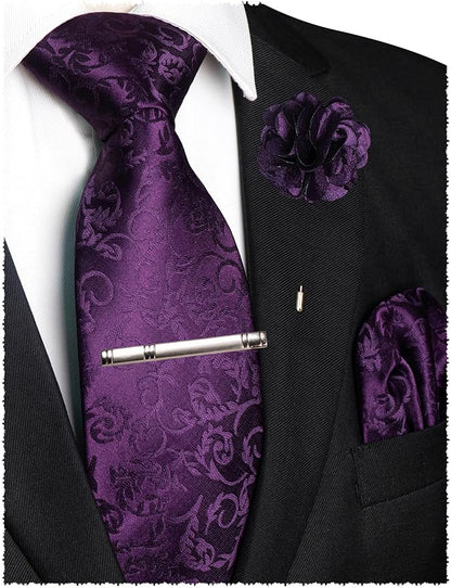 JEMYGINS Mens Floral Tie and Lapel Pin Necktie Pocket Square and Tie Clip with Sets for Business Casual 4PCS