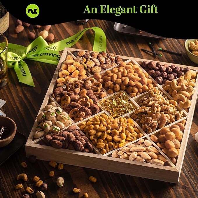 NUT CRAVINGS - Thanksgiving Mixed Nuts Gift Basket in Reusable Diamond Wooden Tray + Green Ribbon (12 Assortments) Holiday Xmas Christmas Food Arrangement Healthy Snack Care Package