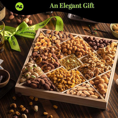 NUT CRAVINGS - Thanksgiving Mixed Nuts Gift Basket in Reusable Diamond Wooden Tray + Green Ribbon (12 Assortments) Holiday Xmas Christmas Food Arrangement Healthy Snack Care Package
