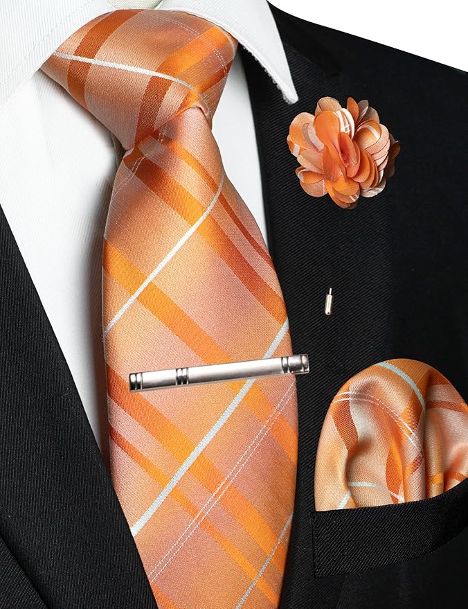 JEMYGINS Mens Striped Tie and Pocket Square with Tie Clip Lapel Pin Set 4PCS