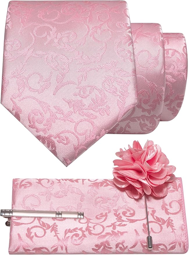 JEMYGINS Mens Floral Tie and Lapel Pin Necktie Pocket Square and Tie Clip with Sets for Business Casual 4PCS