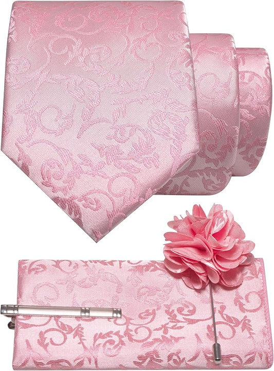 JEMYGINS Mens Floral Tie and Lapel Pin Necktie Pocket Square and Tie Clip with Sets for Business Casual 4PCS