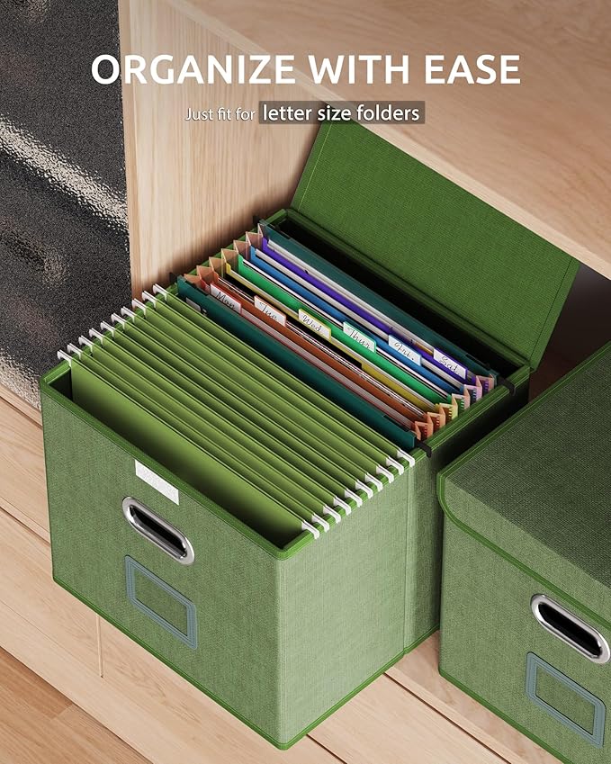 Oterri 2 Pack File Organizer Box,File Box,Small File Cabinet for Letter Folders,Light Green Portable Filing Box,Hanging File Folder Organizer with Lid for Office/Decor/Home- without Folders