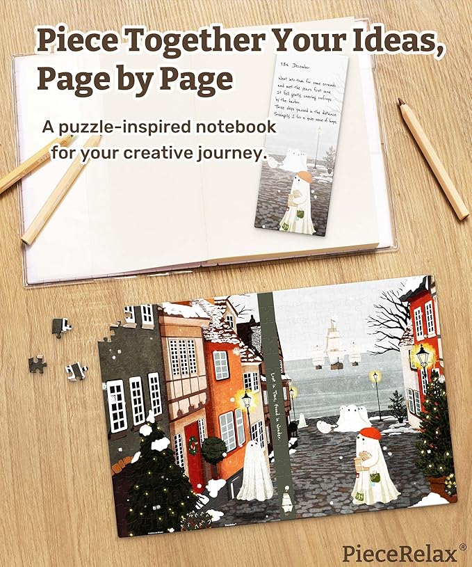 PieceRelax A5 Puzzle Journal for Adults, 300 Piece Plastic Jigsaw Book Cover (Includes Notebook) - Katherine Blower - Harbor’s First Snow, Unique Gift [YA1074]
