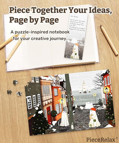 PieceRelax A5 Puzzle Journal for Adults, 300 Piece Plastic Jigsaw Book Cover (Includes Notebook) - Katherine Blower - Harbor’s First Snow, Unique Gift [YA1074]