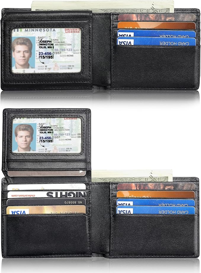 Mens Wallet Bifold Genuine Leather RFID Blocking Wallet for Men with 2 ID Windows 12 Card Holders 2 cash pockets 1 Gift Box