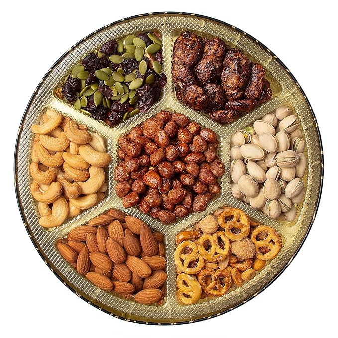 Oh! Nuts 7 Section Nuts Gift Basket - Gourmet Assorted Nut Gifts Baskets - Healthy Nuts Gift Round Metal Tin Box - Premium Food Gift for Birthday, Holiday, Movie Night, Corporate, Men & Women