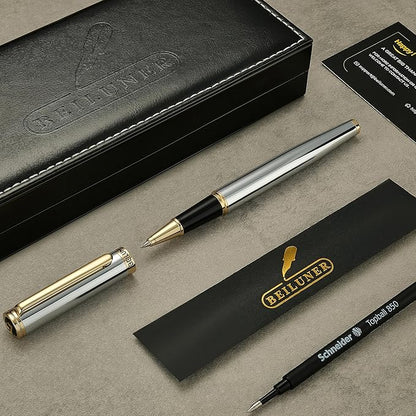 BEILUNER Luxury Rollerball Pen, Stunning Silver Chrome with 24K Gold Finish,Noble and Elegant Designs,Schneider Ink Refill, Best Gift Pen for Men & Women, Professional, Executive Office, Fancy Pens