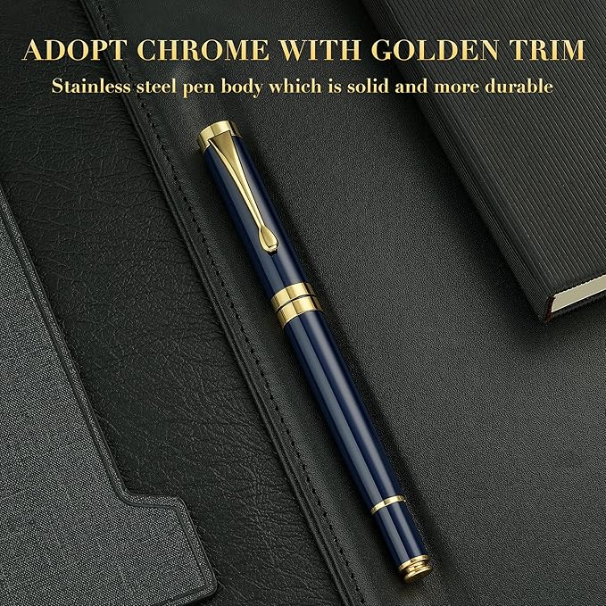 BEILUNER Ballpoint Pens, Stunning Blue Chrome Metal Pen with Golden Trim, Best Ball Pen Gift Set for Men & Women, Graduation, Executive, Office, Nice Office-Gift Box with 0.5mm Black Extra Refill