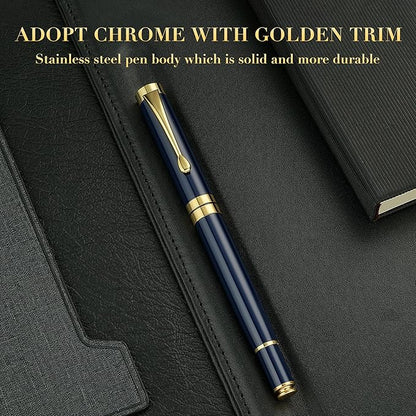 BEILUNER Ballpoint Pens, Stunning Blue Chrome Metal Pen with Golden Trim, Best Ball Pen Gift Set for Men & Women, Graduation, Executive, Office, Nice Office-Gift Box with 0.5mm Black Extra Refill