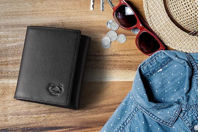 Stealth Mode Leather Trifold RFID Wallet For Men With Flip Out ID Holder (Black)