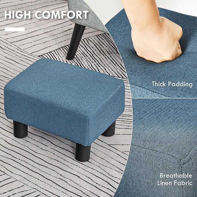 HOMCOM Ottoman Foot Rest, Small Foot Stool with Linen Fabric Upholstery and Plastic Legs, Cube Ottoman for Living Room, Blue