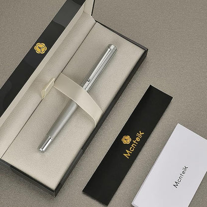 Silver Rollerball Pen, Stunning Luxury Pen with Mesh Texture Design, Bright Silver Chrome Finish, Schmidt refill, Nice Gift Set for Men & Women, Executive, Office, Graduation, Fancy Pens